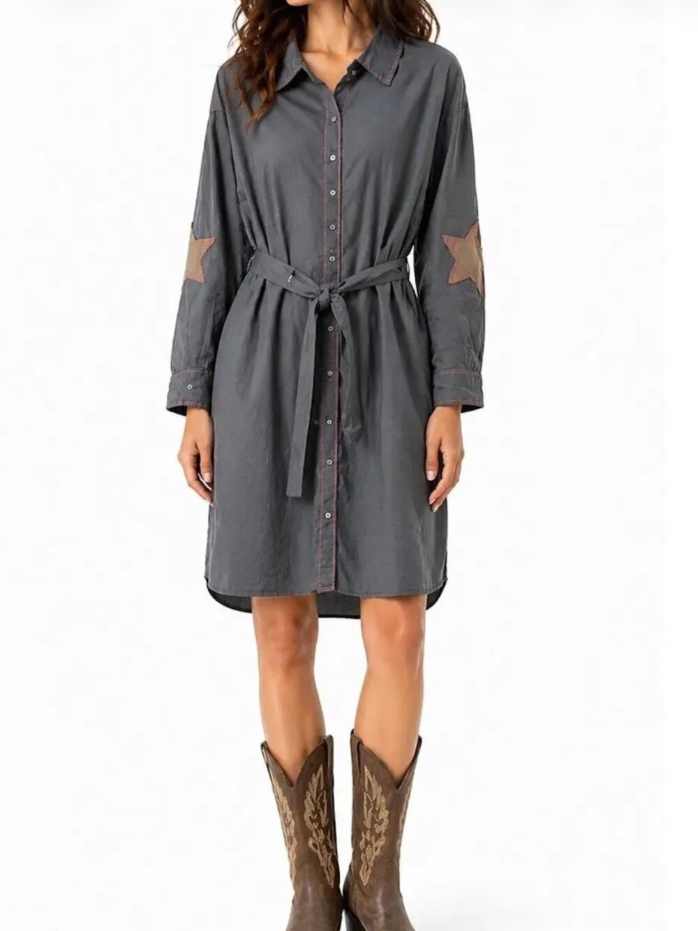 Natural Life Lesli Shirt Dress Size L / XL Stars Elbow Patches Boho Cowgirl